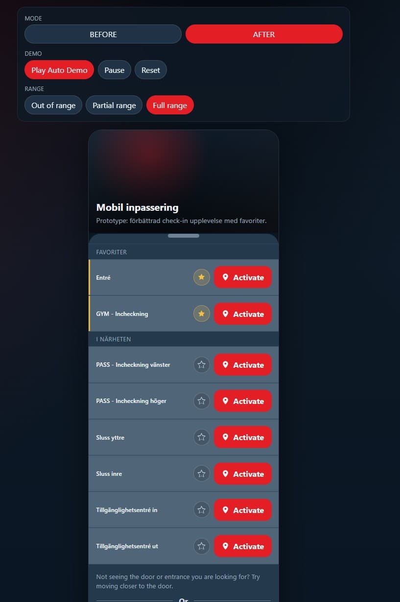 Gym app check-in concept showing a stable favourites-based check-in flow