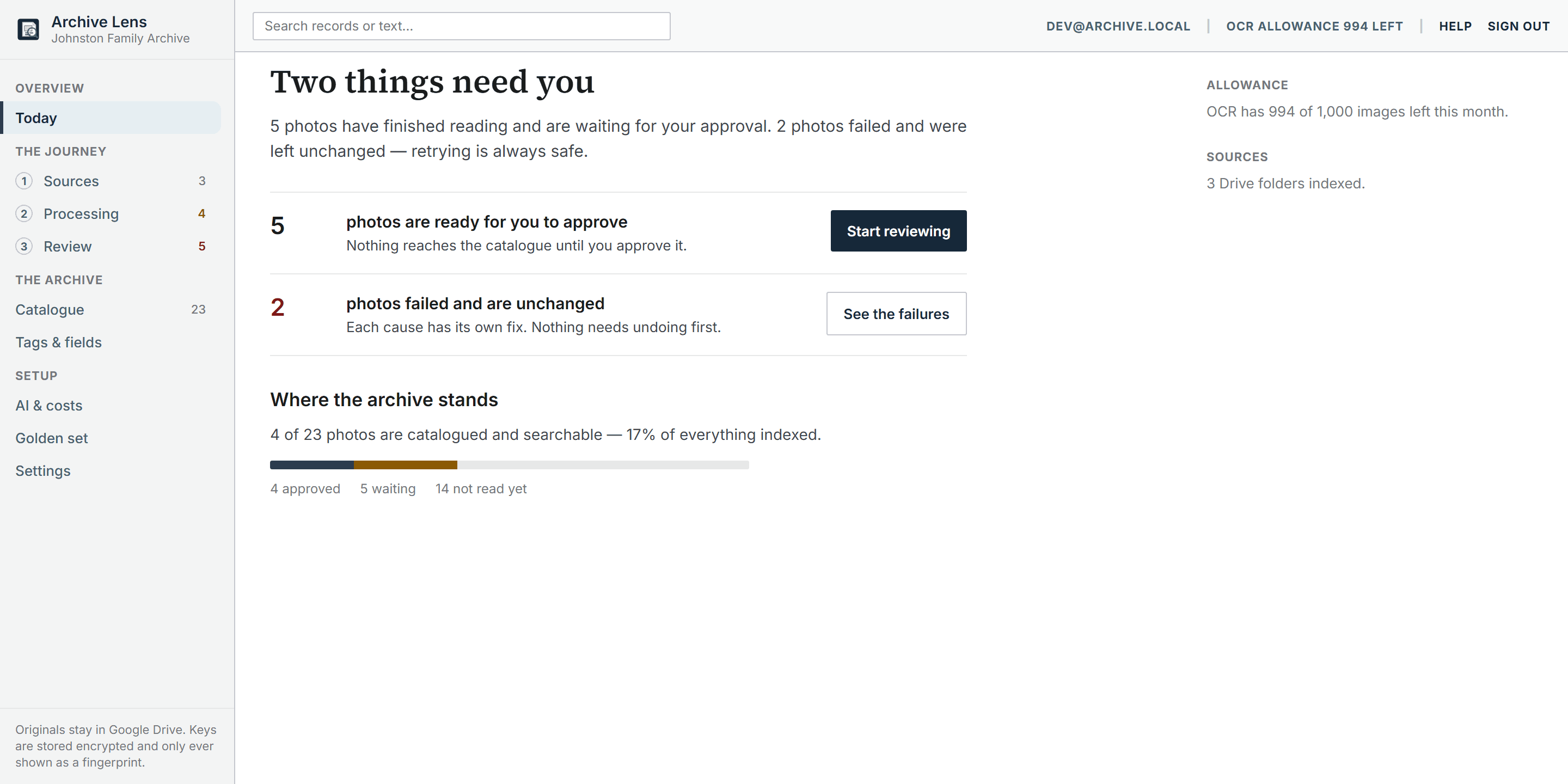 Archive Lens dashboard