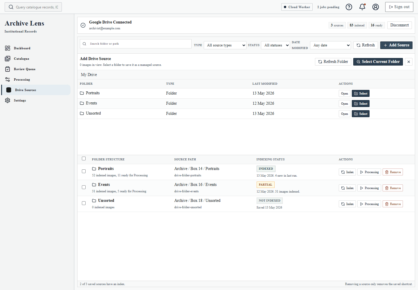 Archive Lens Drive Sources screen showing the add source flow for Google Drive folders