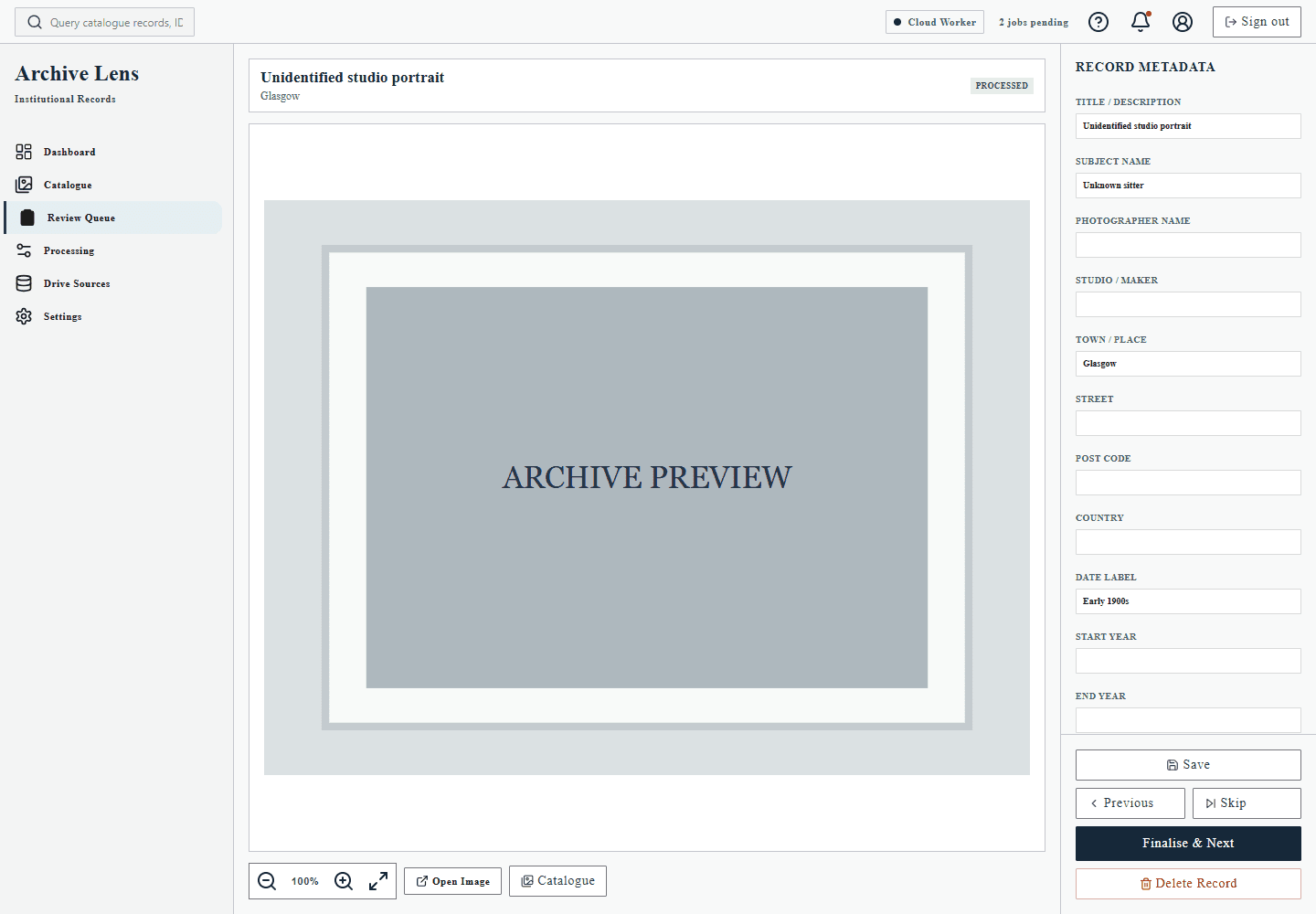 Archive Lens review queue showing records waiting for OCR and metadata review