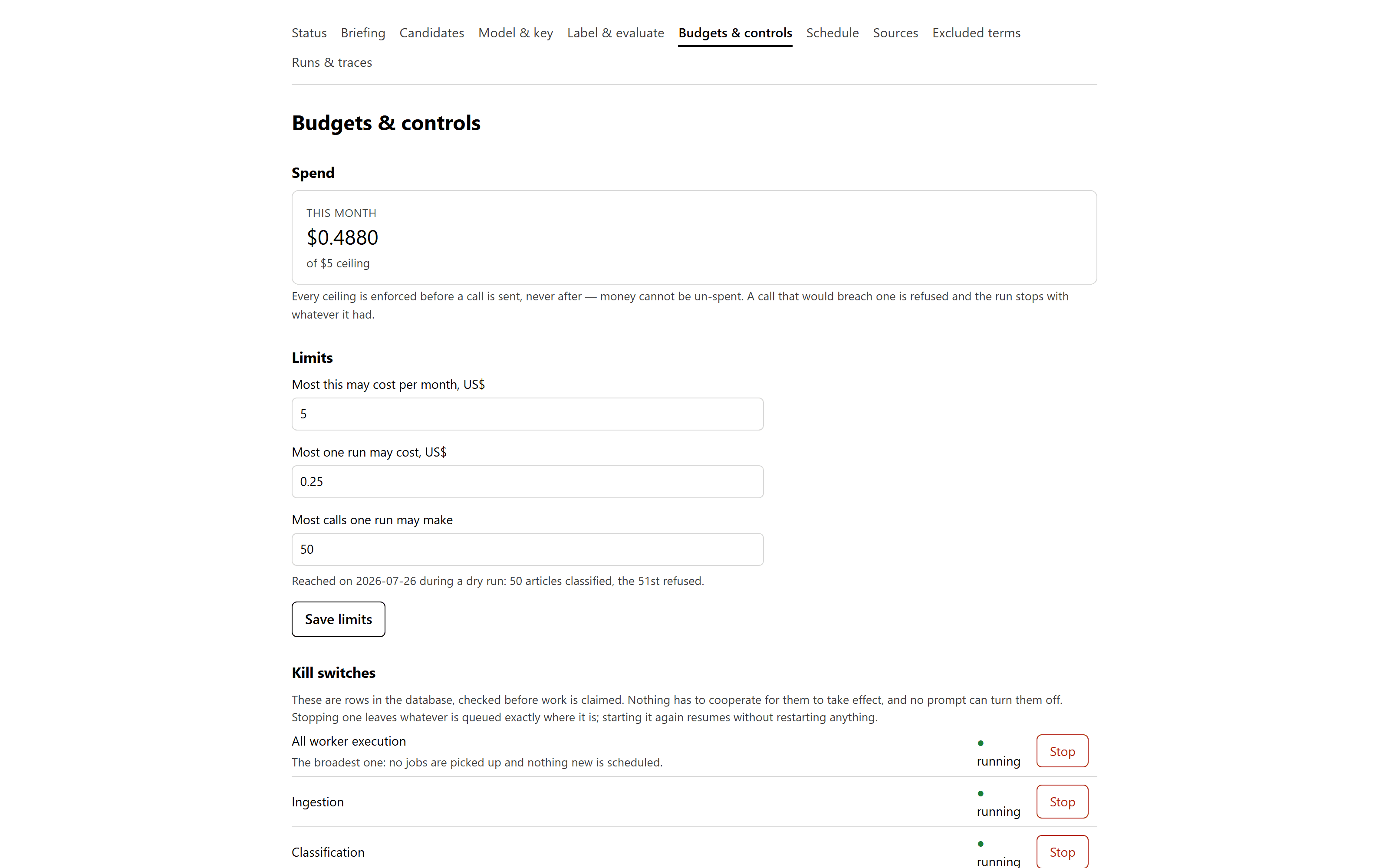 News Agent budgets and controls page showing spend against a five dollar ceiling, per-run limits, and kill switches for worker execution, ingestion and classification