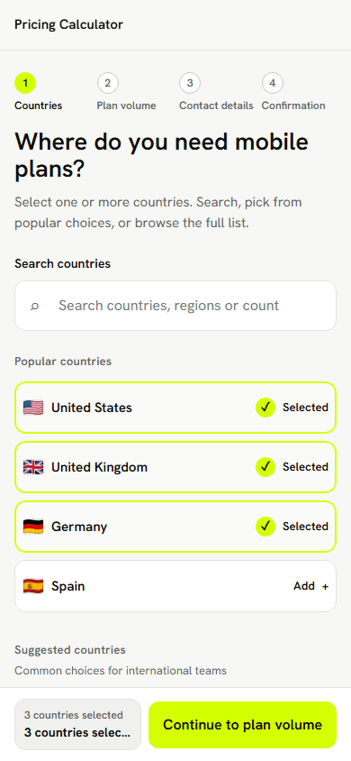 Mobile pricing calculator with sticky bottom summary.
