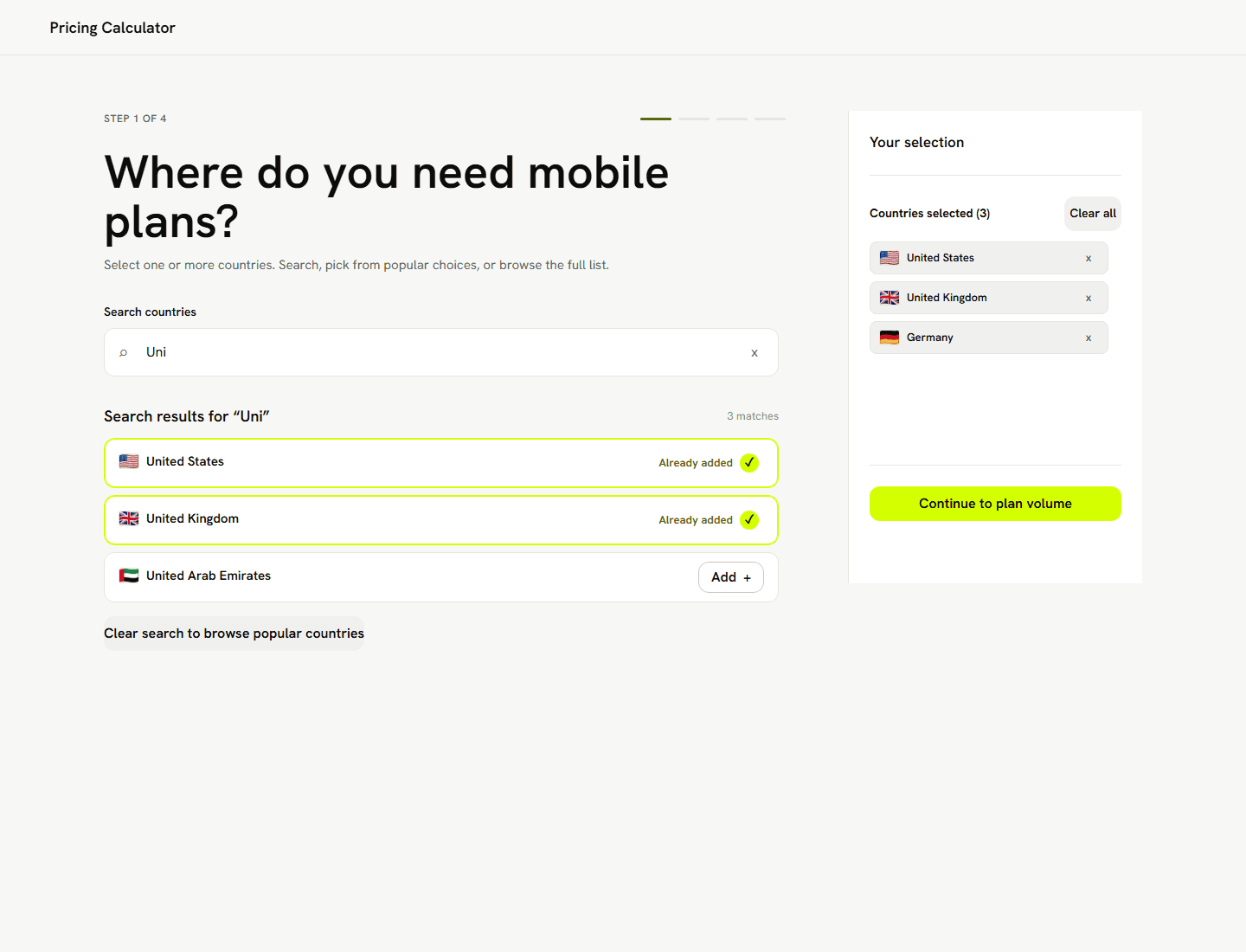Desktop pricing calculator search results for countries matching Uni.