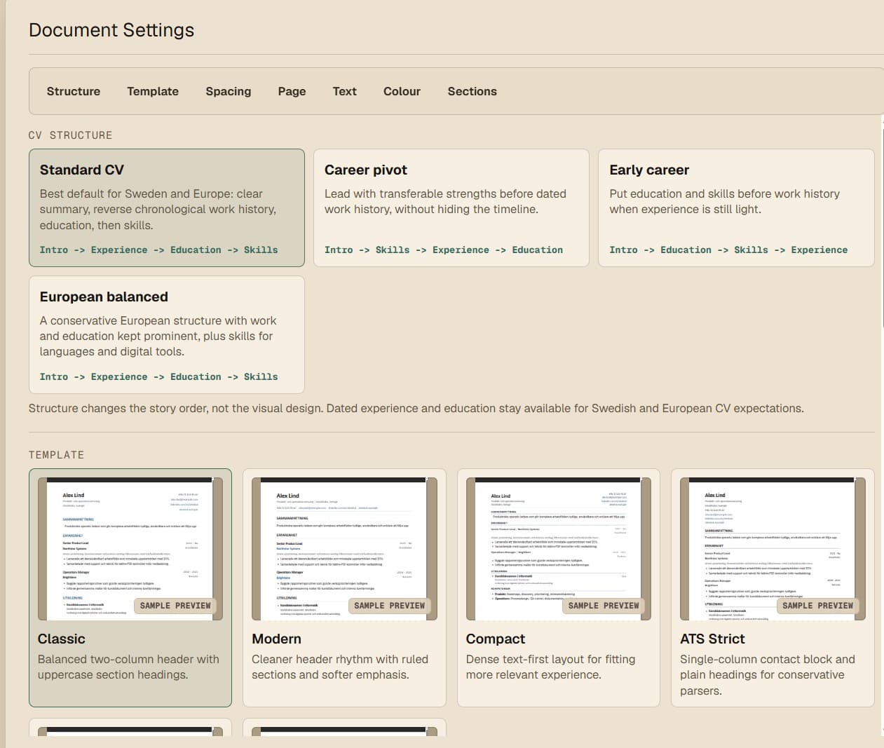 Resume Builder document settings with structure presets and template previews