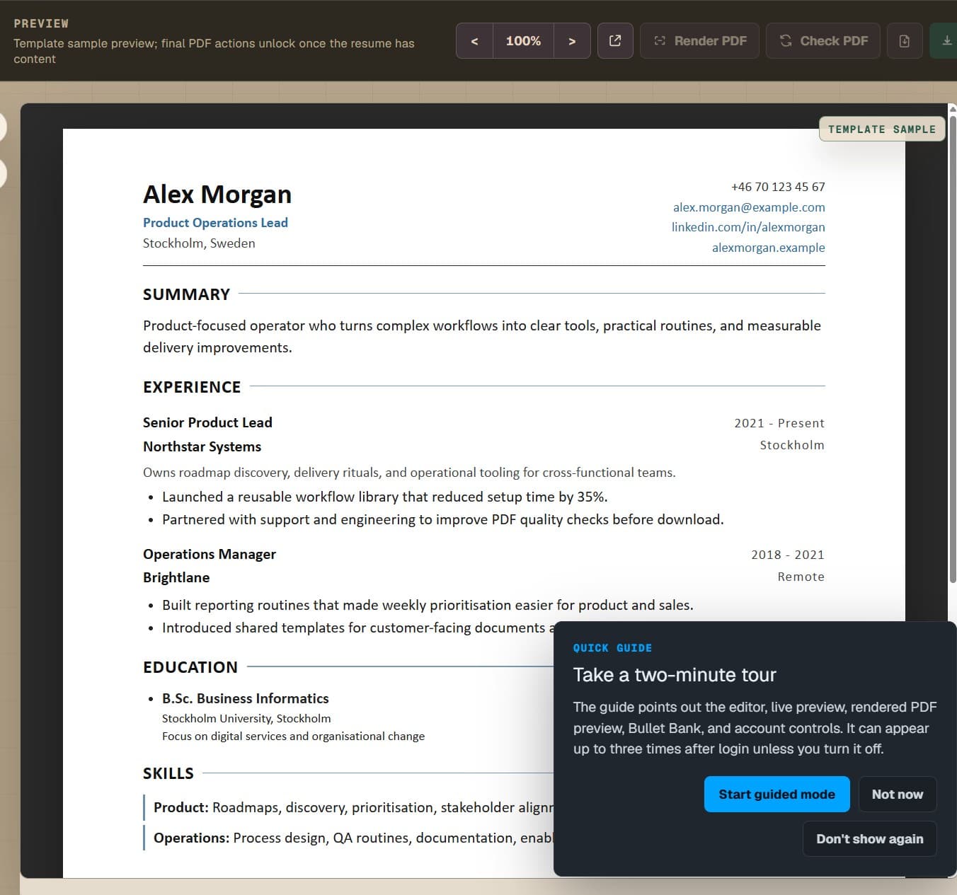 Resume Builder preview pane with sample resume preview and guided mode prompt