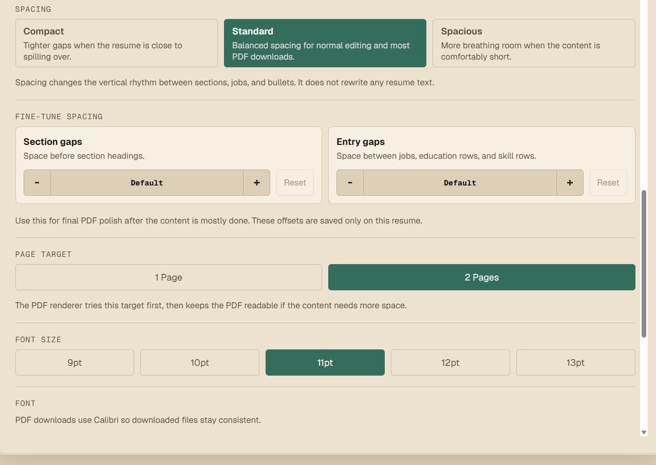 Resume Builder spacing, page target, and font size controls