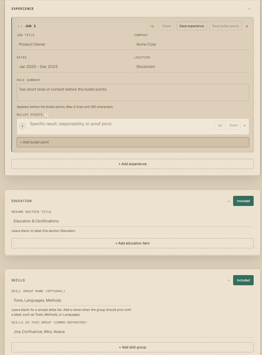 Resume Builder experience, education, and skills sections with structured form fields